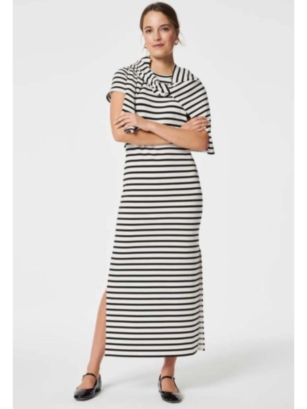 Spanx Air Essentials Short Sleeve Black/White Striped Maxi Dress XL Casual